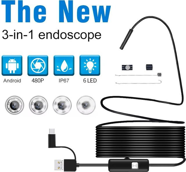 GUANMOU Industrie-Endoskopkamera 3-in-1 USB-Boreskop IP67 Wasserdicht in Gelb-Schwarz für Android-Smartphone und PC - Bild 1