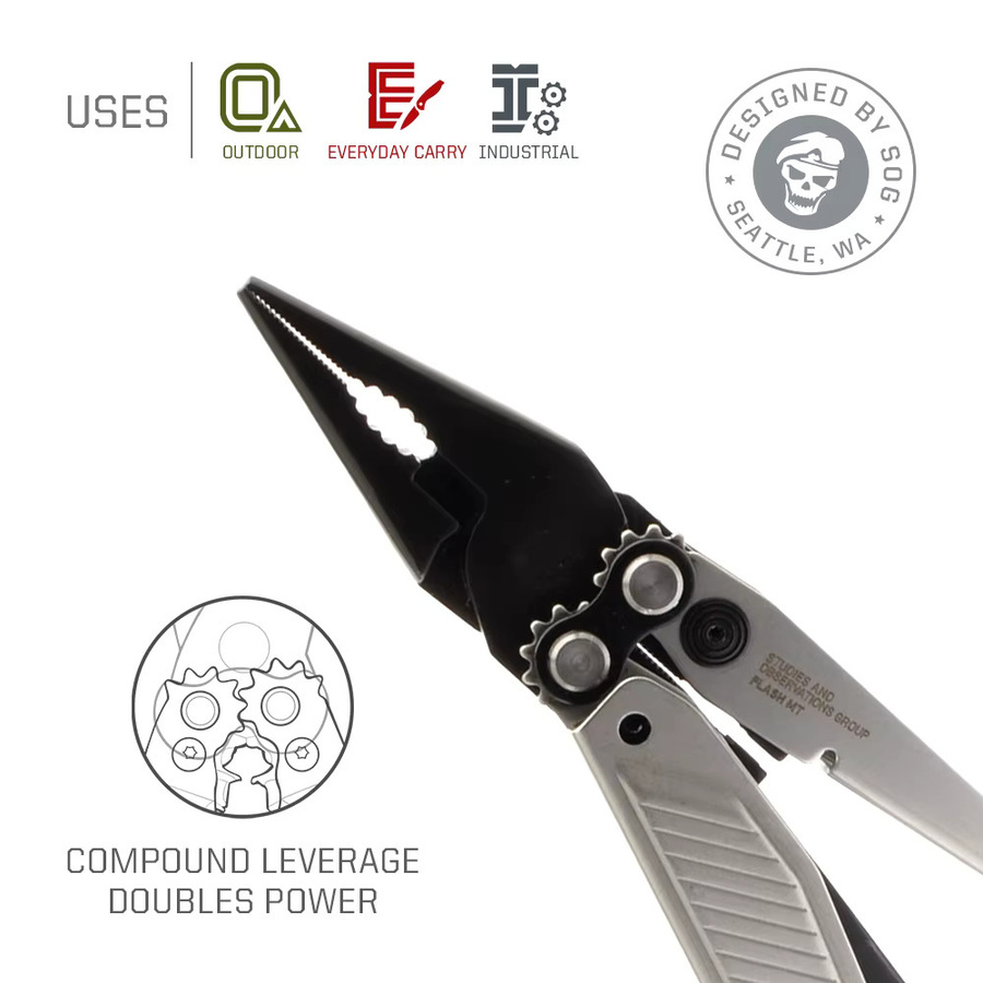 SOG Flash MT 7-in-1 Multifunktionswerkzeug Taschenzange aus Edelstahl in Silber mit D2-Stahlklingen und Drahtschneider für Outdoor und EDC - Bild 2