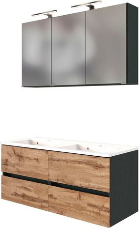 HELD MÖBEL Doppel-Waschtisch-Set LUCCA in Braun und Weiß, 7-teilig mit Unterschrank und Spiegelschrank, Wandmontage, B/T/H: 120 x 46,5 x 66 cm - Bild 1
