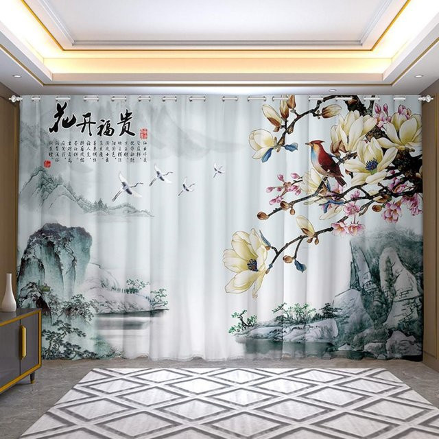 Yiran Furniture 2er-Set Semi-Blackout Vorhänge im chinesischen Zen-Stil mit Landschaftsmotiv, Breite: 135 cm, Höhe: 245 cm - Bild 1