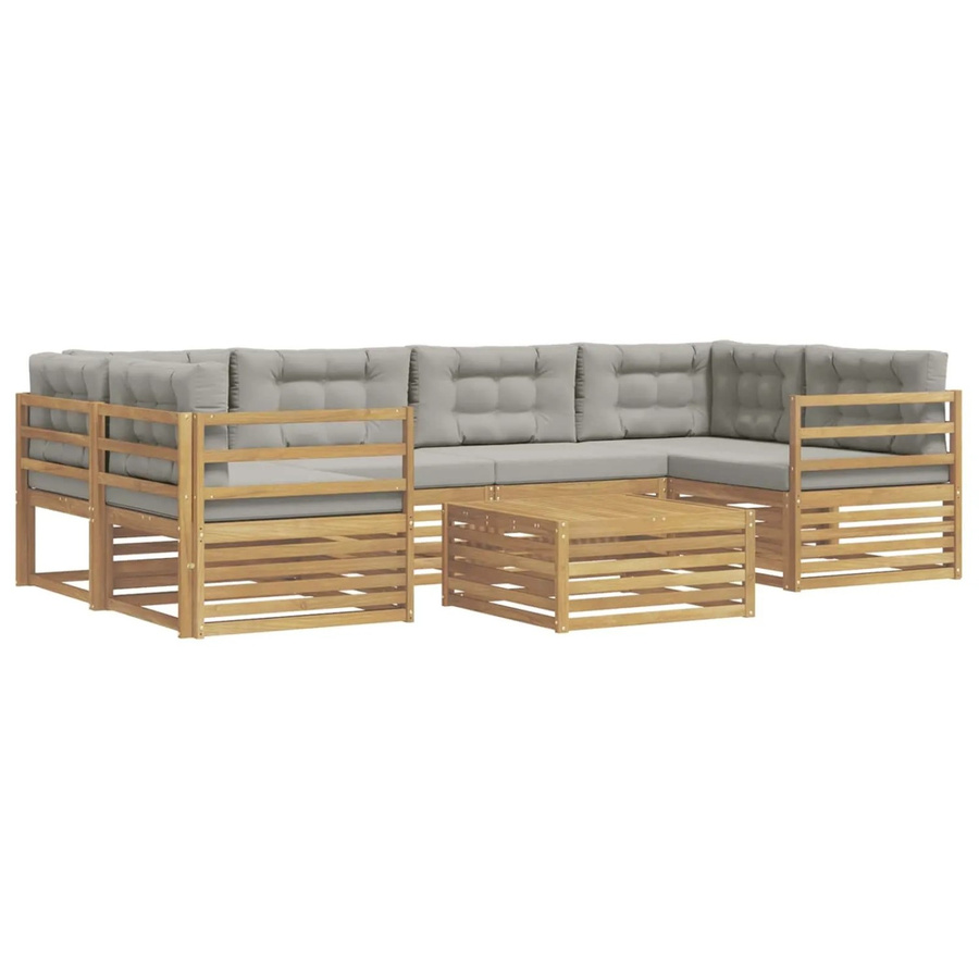 vidaXL Outdoor-Sofagarnitur 7-teilig in L-Form aus Akazienholz mit Polsterkissen in Weiß und Hellgrau - Bild 2