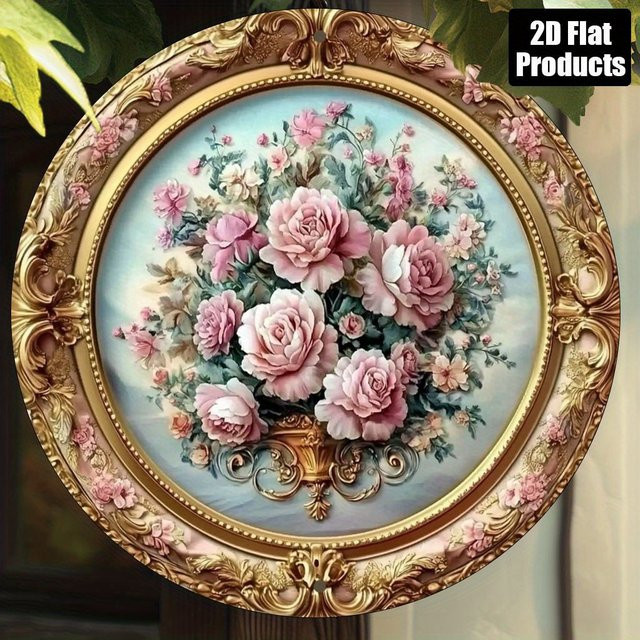 Potdemiel Rundes Aluminium-Wandkunstschild mit floralem Rosenmuster in Rosa und Gold, Vintage Metall-Wanddeko, Durchmesser: 20,3 cm - Bild 1