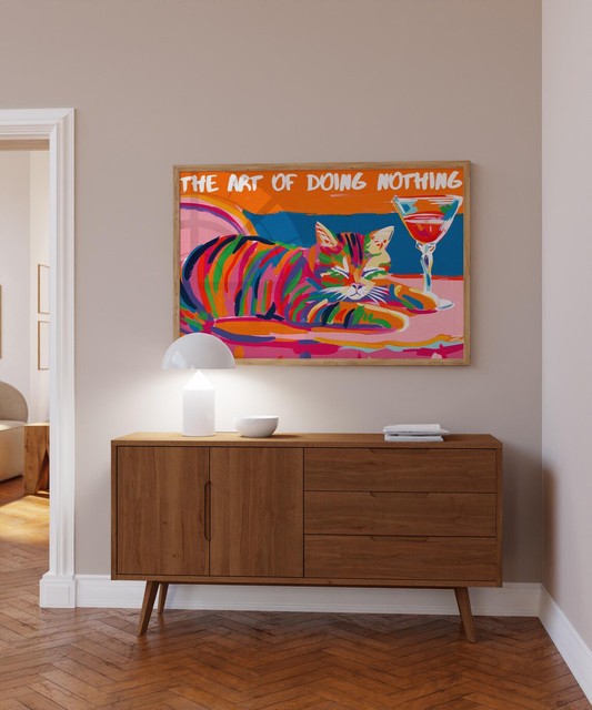 Pop Art Wandbild The Art of Doing Nothing mit bunter Katze und Martini, abstrakter Wall Art Print in Multicolor - Bild 1