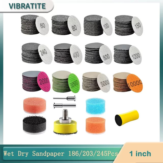 VIBRATITE Nass-Trocken-Schleifscheiben Set mit Stützteller und Schnittstellenpad, Durchmesser: 25 mm, Körnung: 60–10000, Schaft: 1/8 Zoll oder 1/4 Zoll - Bild 1