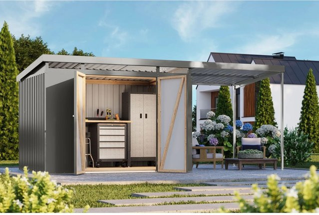 Karibu Metallgerätehaus Neos 3 mit Anbaudach in Graualuminium - Bild 1