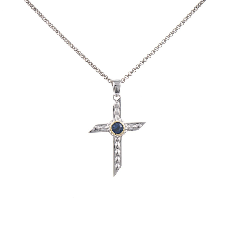 Anhänger Kreuz mit Kette, 925 Silber, teilvergoldet, Zirkonia blau - Bild 1