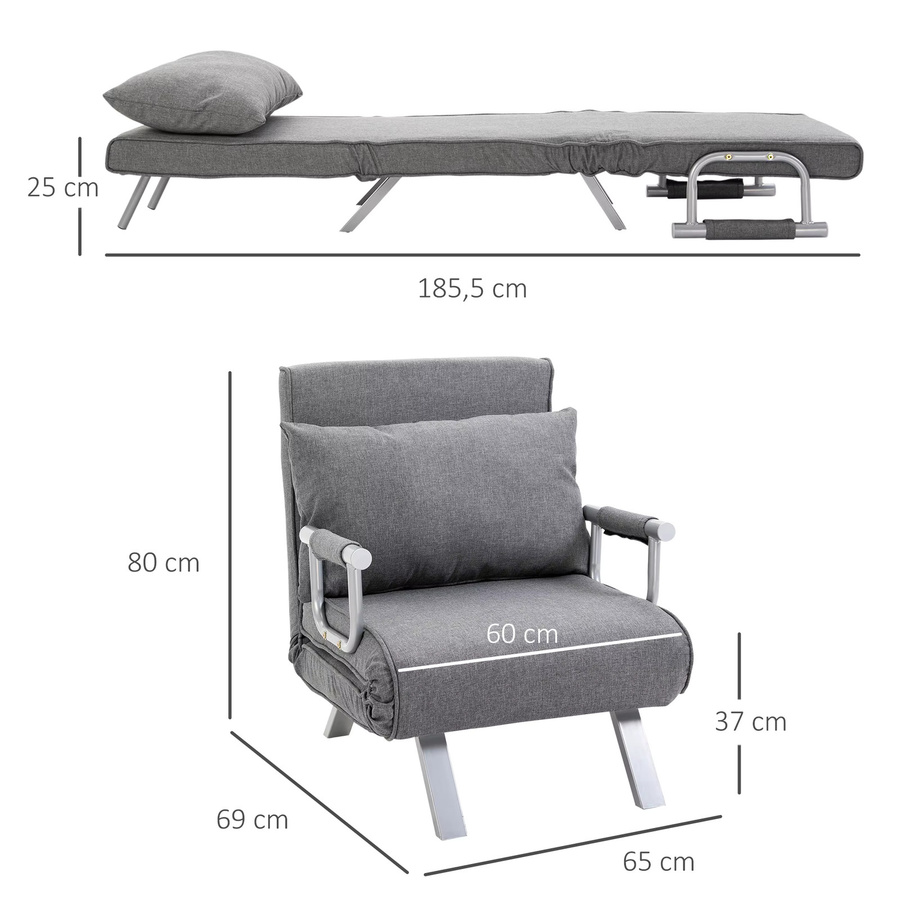 HOMCOM 3 in 1 Schlafsessel in Leinenoptik, klappbares Schlafsofa mit verstellbarer Rückenlehne und Kissen als Gästebett, Grau, B/T/H: 65 x 69 x 80 cm - Bild 3