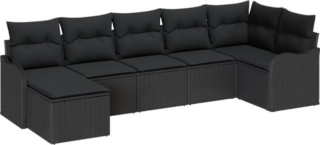 vidaXL Garten-Sofa-Set 7-teilig aus Poly Rattan und Stahl in Schwarz mit Kissen und Fußhocker - Bild 1