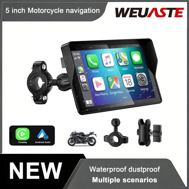 WEUASTE Kabelloses Motorrad CarPlay und Android Auto Kompatibles GPS-Navigationsgerät in Schwarz - Bild 1