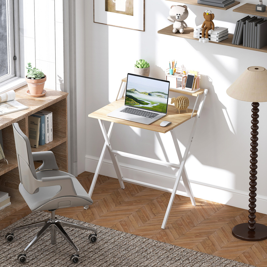HOMCOM Klappbarer Computertisch mit Monitorständer in Natur, Platzsparender Schreibtisch mit Stahlrahmen für Homeoffice und Wohnzimmer - Bild 2