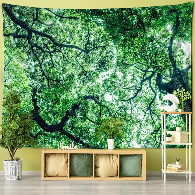 Wandteppich Super Six mit Waldlandschaft und Baum im Boho-Stil, Farbe: Grün, Breite: 150 cm, Höhe: 100 cm - Bild 1