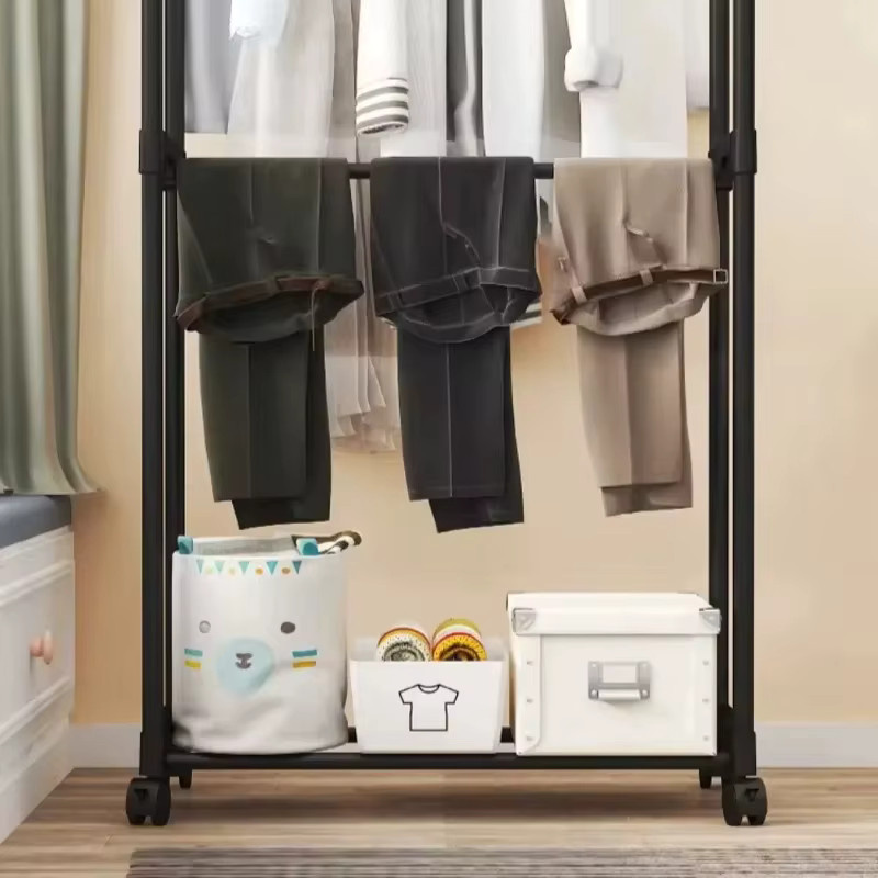 LIUSHADUOLA Doppelstangen-Kleiderständer mit Haken und Rollen, Kleider-Organizer für das Schlafzimmer, B/T/H: 130 x 60 x 42 cm (oder entsprechende Maße basierend auf den Werten) – Erhältlich in Schwarz oder Weiß - Bild 2