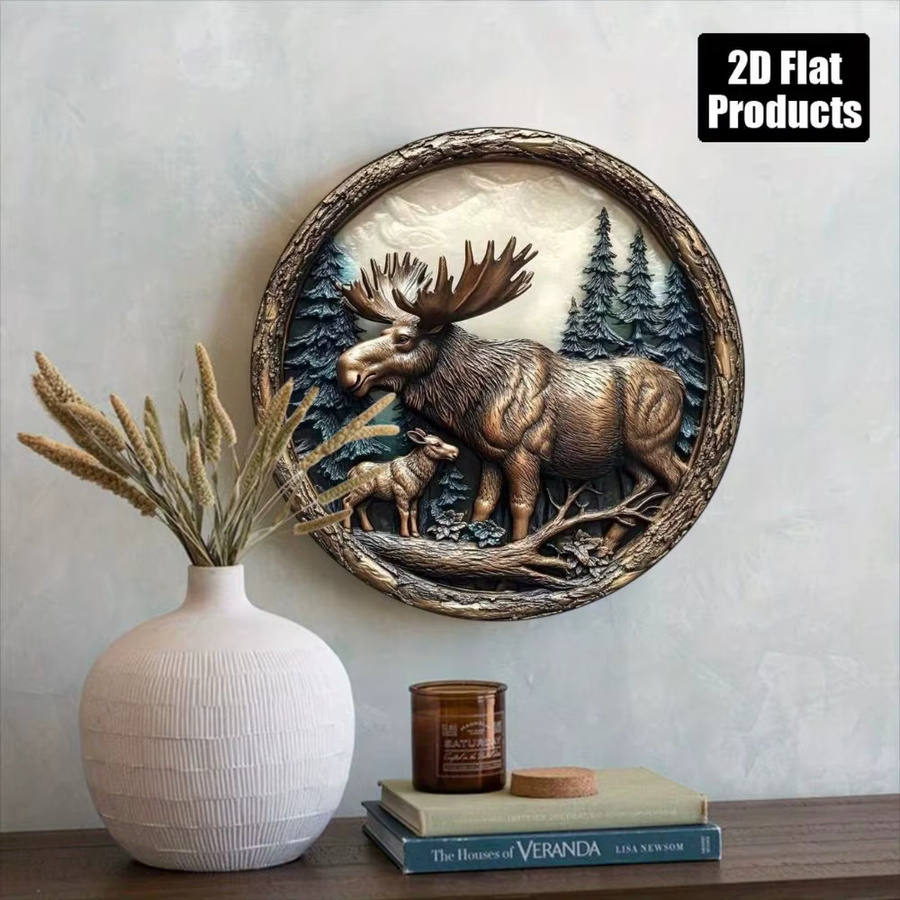 Rundes Aluminium-Metallschild Elch und Hirsch von CIFBUY in Braun, rustikale Wandkunst für dein Heim oder Büro, Durchmesser: 20,32 cm - Bild 3