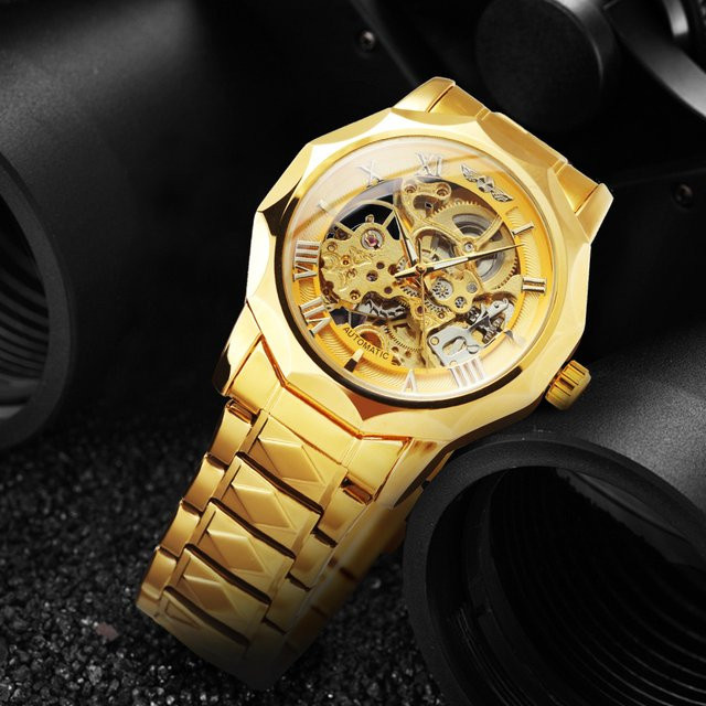 WINNER Automatik-Armbanduhr, Edelstahl, Gold, Herren, Leuchtzeiger - Bild 1