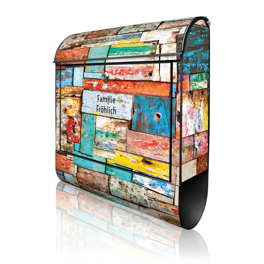 Banjado Design Briefkasten aus Stahl in Schwarz mit Motiv Bunte Holzschindeln, pulverbeschichtet mit Zeitungsfach und A4 Einwurf, H 47 cm x B 38 cm x T 13 cm - Bild 1