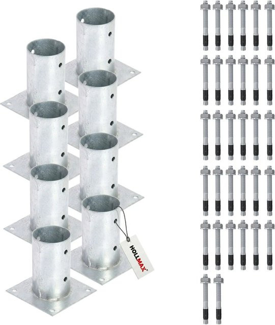 HOLLMAX Pfostenträger Set mit 8 Aufschraubhülsen 80 mm und Schwerlastankern 10 x 100 mm, verzinkt in Silber für Rundholzpfosten - Bild 1
