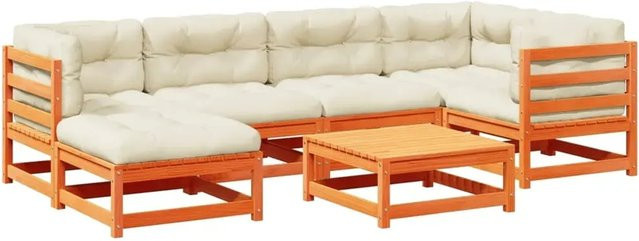 vidaXL 7-tlg. Garten-Sofagarnitur aus Kiefernholz in Wachsbraun mit Kissen und Ottoman in L-Form - Bild 1