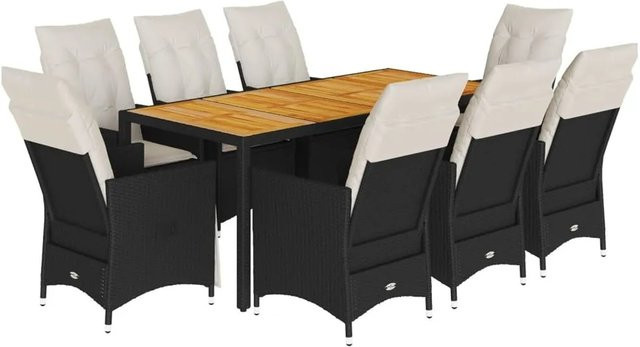 vidaXL 9-teilige Garten-Essgruppe aus Poly-Rattan und Akazienholz in Schwarz mit Kissen für Terrasse und Hinterhof - Bild 1