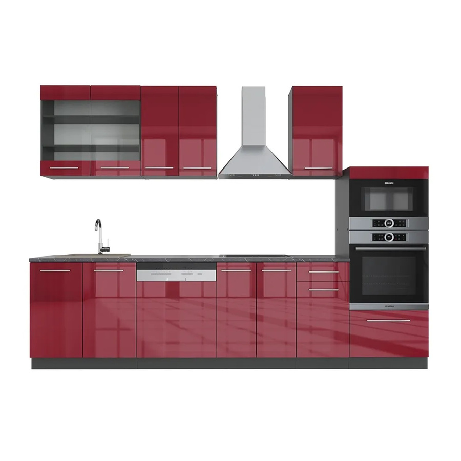 Vicco Fame-Line Küchenzeile Bordeaux Hochglanz und Anthrazit mit Hochschrank, Breite: 300 cm - Bild 2