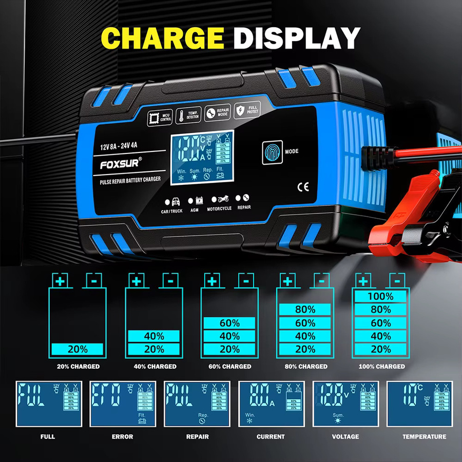 Foxsur Batterieladegerät mit LCD-Display für 12V und 24V Auto, Motorrad und LKW mit Puls-Reparaturfunktion für AGM und Blei-Säure-Batterien in Gelb-Blau - Bild 4