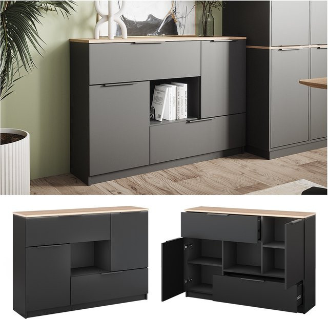 Vicco Sideboard Betti in Anthrazit und Eiche Sonoma mit 2 Türen, 2 Schubladen und 1 Fach, Breite: 120 cm, Höhe: 84 cm - Bild 1