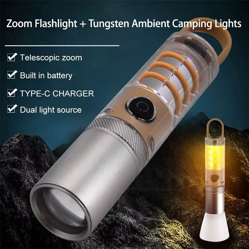 ESMARTER Duale LED-Tungsten-Lampe mit Teleskop-Zoom, wasserdichte Outdoor-Camping-Arbeitsleuchte mit Haken und wiederaufladbarem Akku in Silber - Bild 2