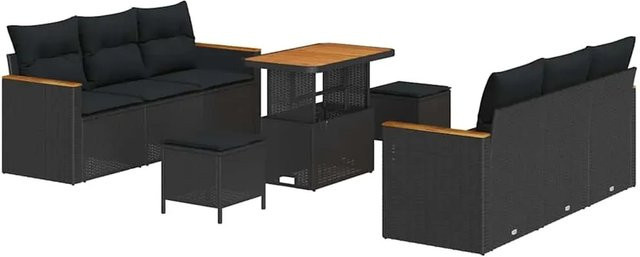 vidaXL Garten-Sofa-Set aus Poly Rattan in Schwarz mit 9-teiligem Polster-Set und Tisch - Bild 1
