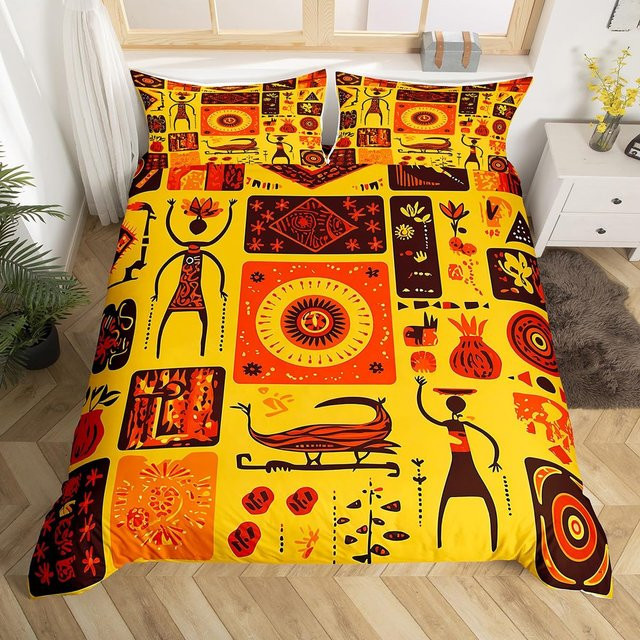 Jinmeige Bettbezug Set mit Kissenbezug im Afrikanischen Tribal Design, Patchwork Floral Muster, Braun/Mehrfarbig, B/H: 135 x 200 cm - Bild 1