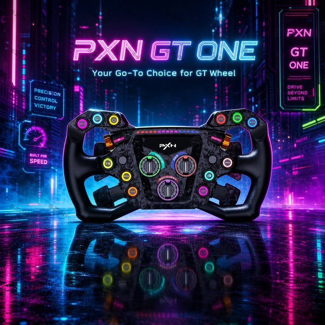 PXN GT ONE Sim-Racing-Lenkrad in Schwarz mit 300mm Durchmesser, 78 programmierbaren Steuerungen, SimHub RGB und Doppelkupplung aus Kohlefaser - Bild 1