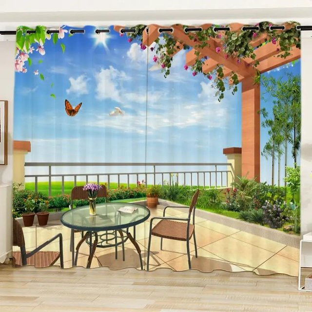 2er-Set dekorative Vorhänge von Yiran Furniture mit Naturlandschaft und Burg-Motiv in Blau und Multicolour, durchscheinend, Breite: 150 cm, Höhe: 166 cm - Bild 1