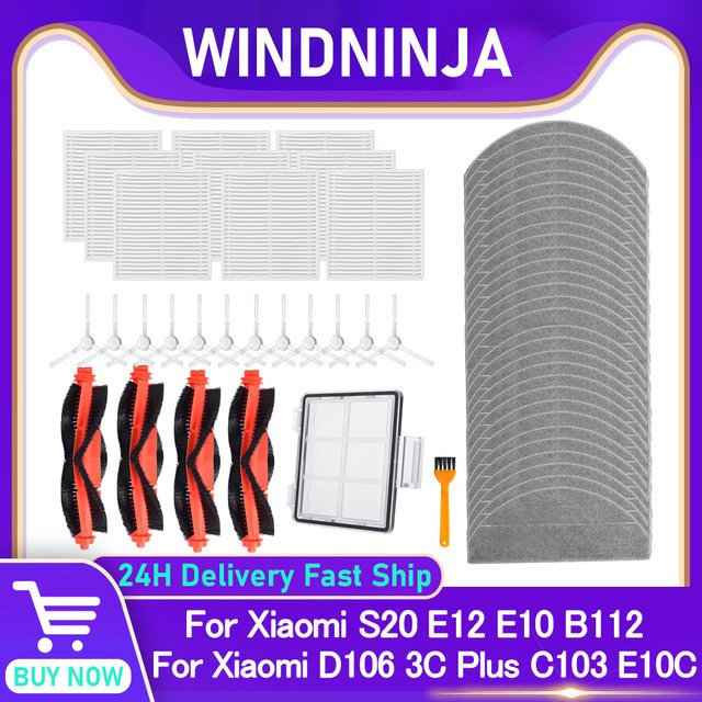 WINDNINJA Ersatzteil-Set für Xiaomi S20 S20 Plus E10 E12 C103 D106 B112 mit Wischmopp, Staubbeuteln, Haupt- und Seitenbürsten sowie HEPA-Filter - Bild 1