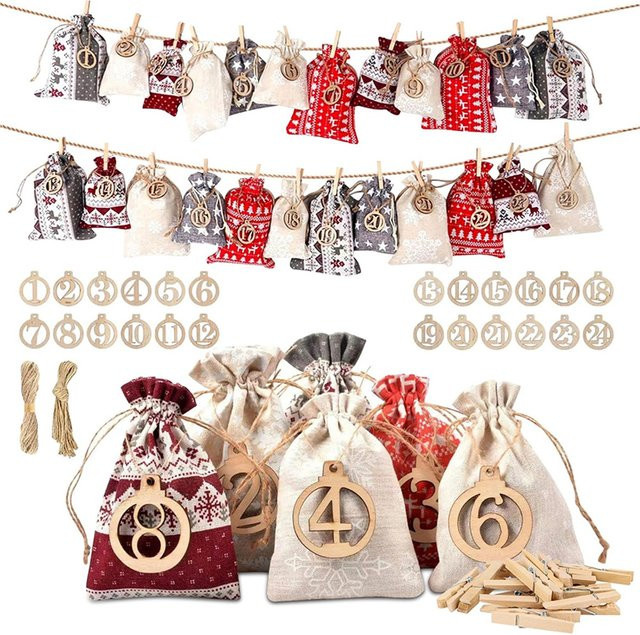 24-teiliges Adventskalender-Set aus Leinen mit Kordelzug in Multicolour für Weihnachtsgeschenke und Süßigkeiten - Bild 1