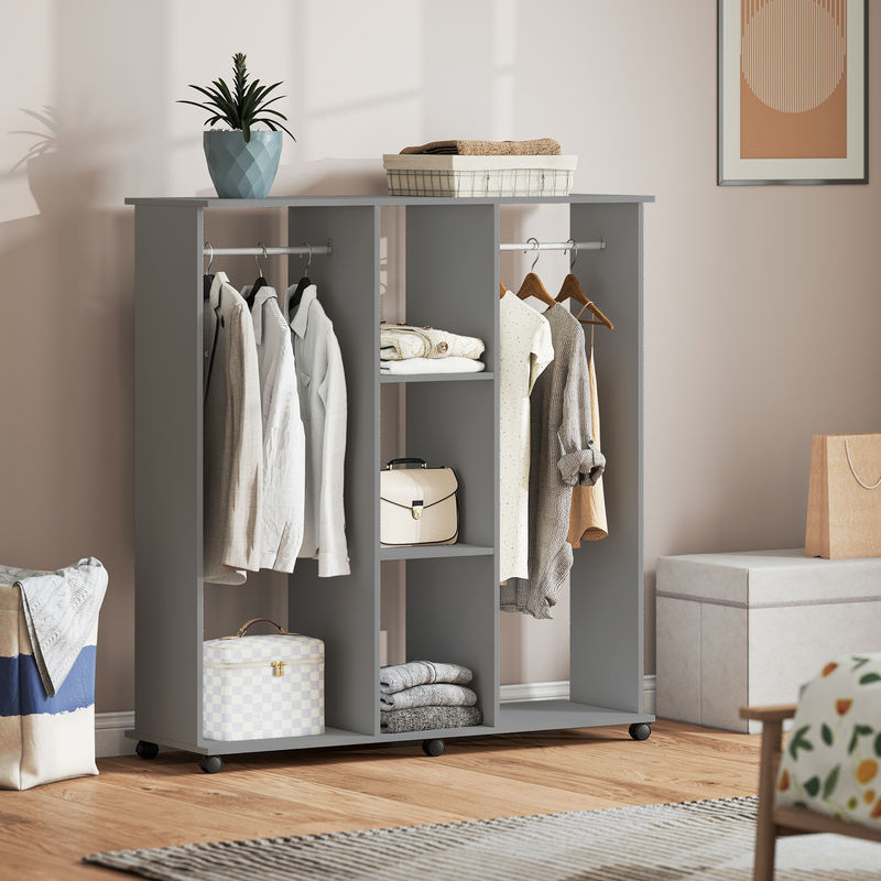 HOMCOM Kleiderschrank mit Kleiderstange und Rollen in Grau, Mobiles Aufbewahrungsmöbel mit Regalfächern, B/T/H: 120 x 40 x 128 cm, Aosom - Bild 2