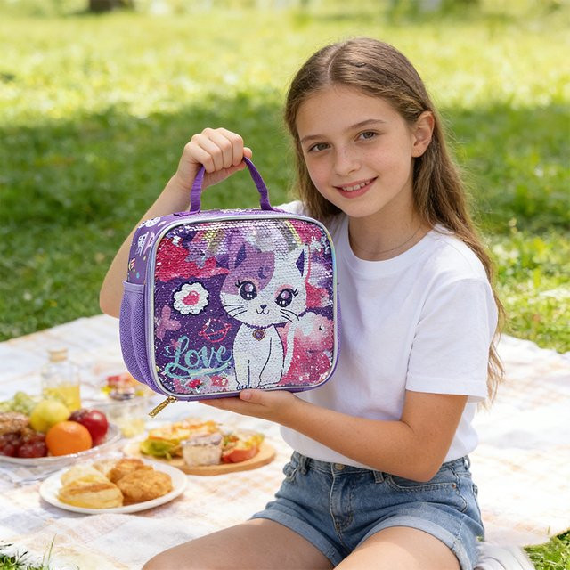 BLING BABIES Kinder-Tragetasche für Lunchboxen mit lila Katzen-Pailletten-Design, B/H/T: 24,0 x 22,0 x 2,0 cm - Bild 1
