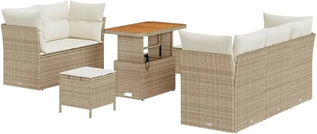 vidaXL Garten-Sofa-Set 8-teilig aus Poly Rattan und Akazienholz in Beige mit Tisch und Kissen - Bild 1