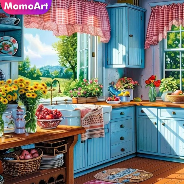 Momoart DIY Diamantmalerei Küchenlandschaft mit Diamantmosaik-Fenster-Set in Multicolour für Anfänger - Bild 1