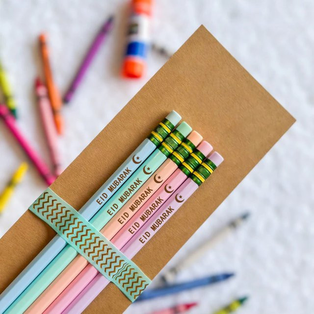 5 Lasergravierte Eid Mubarak Bleistifte aus Holz in Mehrfarben als islamisches Geschenk für Kinder und Jugendliche - Bild 1
