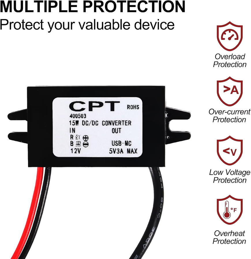 AOKIN Gleichstrom-Abwärtswandlermodul mit USB-C-Schnittstelle, 12V bis 5V, 3A, 15W, Schwarz - Bild 2