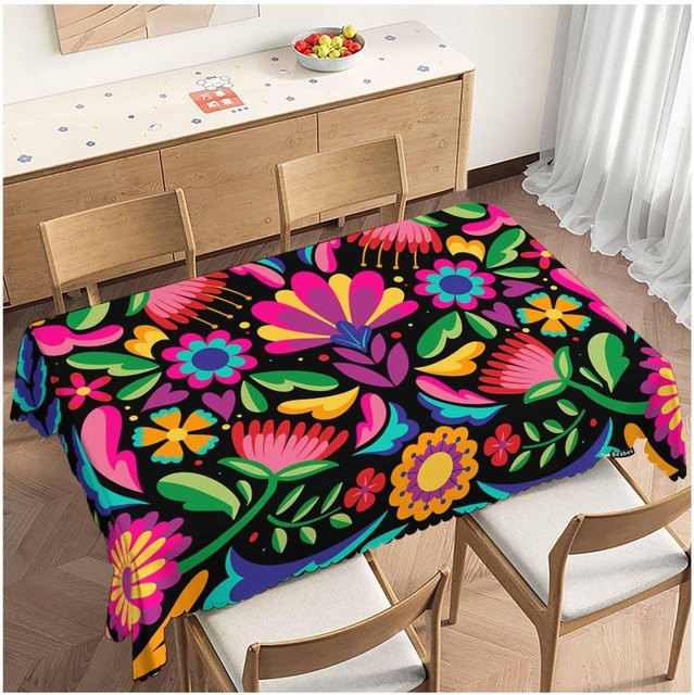 JINGYUE Pet Tischdecke mit mexikanischem Totentag Blumenmuster für Fiesta und Dia de los Muertos, Mehrfarbig, B/B: 140 x 140 cm - Bild 1