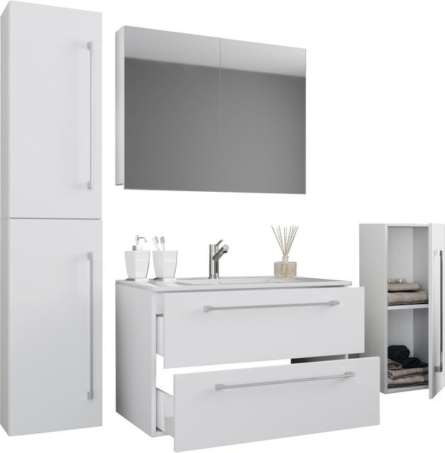 VCM Badmöbel Set Badinos in Weiß, 5-tlg. mit Keramik Waschbecken, hängendem Unterschrank mit zwei Schubladen, Spiegelschrank, Midischrank und Hochschrank, Breite: 80 cm - Bild 1