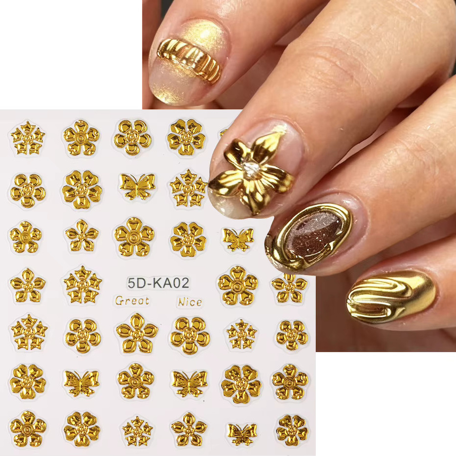 Full Beauty Nagelkunst Aufkleber, Goldene Chrom-Blüten und Schmetterlinge, Glänzend - Bild 3