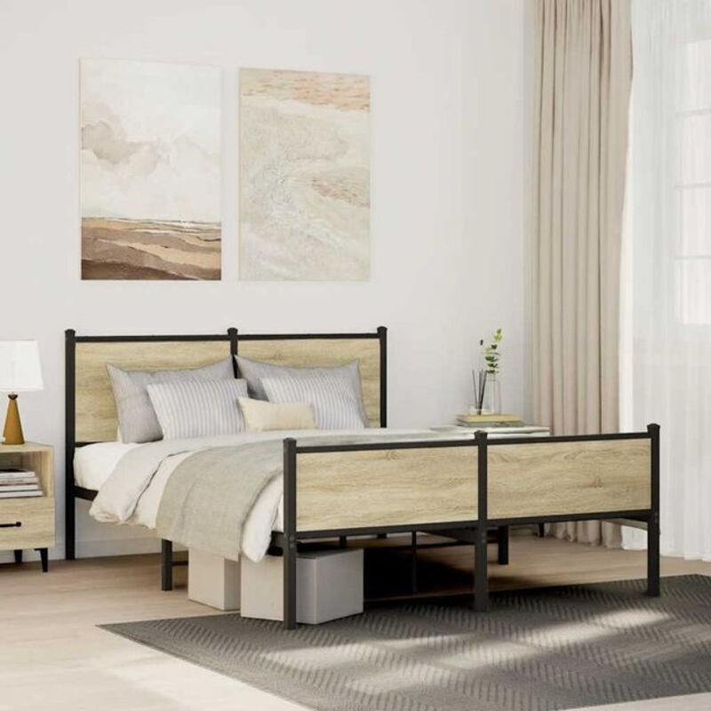 Metallbett Vidaxl in Sonoma-Eiche Natur und Braun im Industrial-Stil, B/T/H: 137 x 190 cm - Bild 1