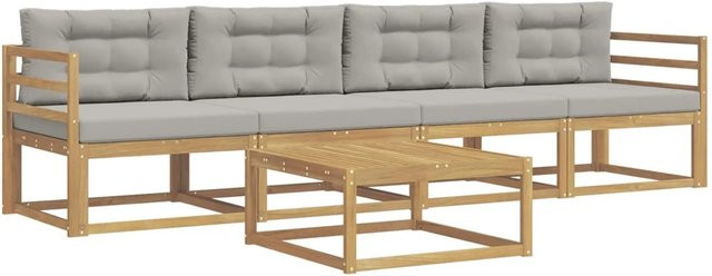 vidaXL Outdoor-Sofagarnitur aus Akazienholz mit 3er-Sofa, Couchtisch und Kissen in Weiß und Grau - Bild 1