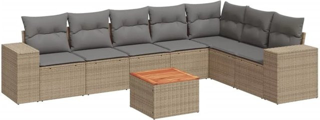 vidaXL 8-teilige Garten-Sofagarnitur in L-Form aus Poly-Rattan und Akazienholz mit Kissen in Beige - Bild 1
