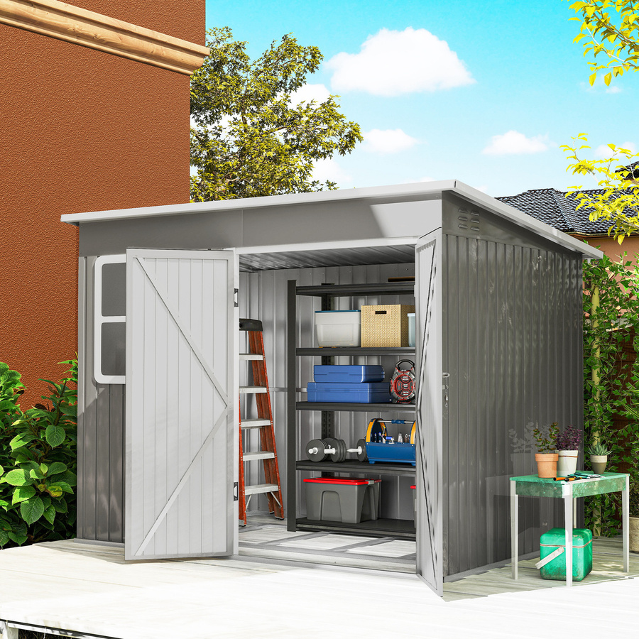 Outsunny Metall Gerätehaus Grau mit Fenster und Pultdach, 4,13 m² Geräteschuppen aus verzinktem Stahl, B/T/H: 260 x 177 x 190 cm - Bild 2