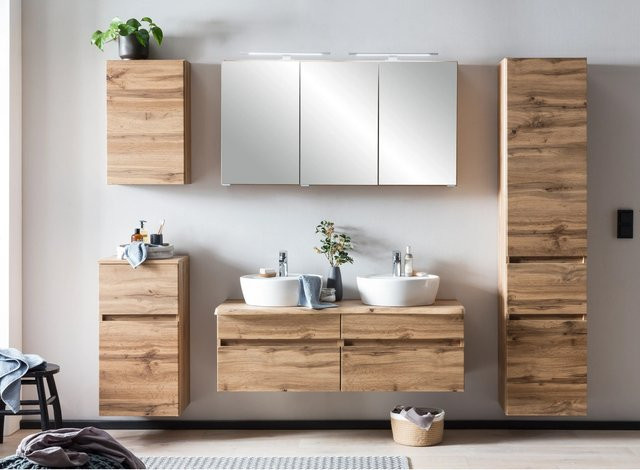 Held Möbel Doppel-Waschtisch-Set Trient in Wotaneiche mit zwei Keramik-Aufsatzbecken und Spiegelschrank, Breite: 120 cm - Bild 1