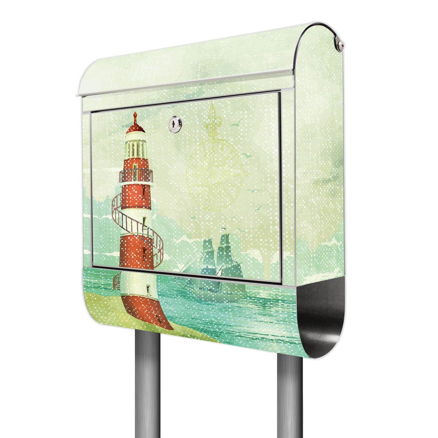banjado Edelstahl Briefkasten mit Standfuß und Zeitungsfach Motiv Leuchtturm, B/T/H: 38 x 14 x 161,5 cm, Multicolor - Bild 1