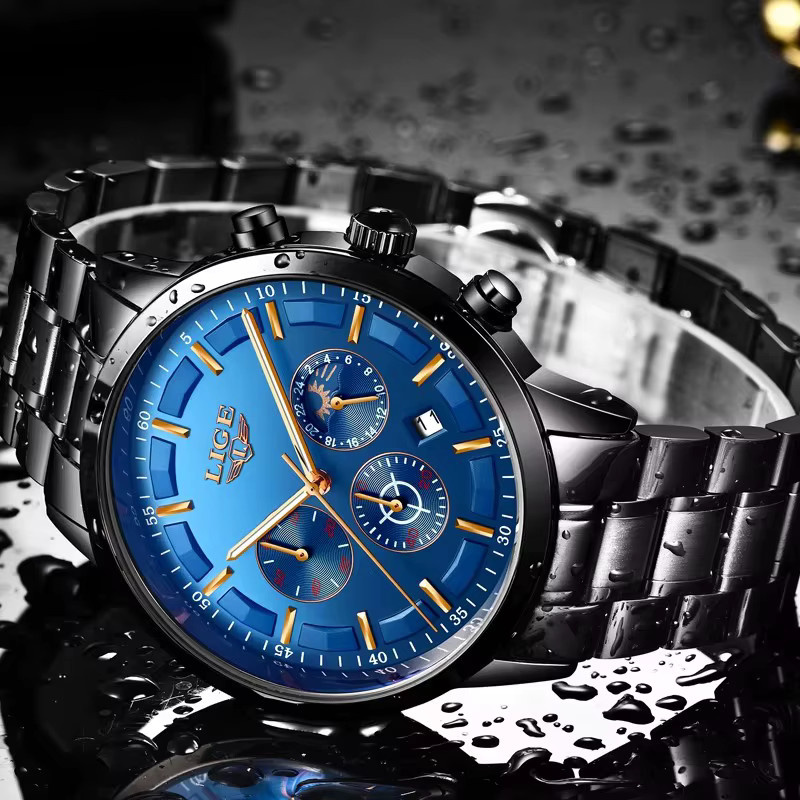 LIGE Armbanduhr Chronograph, Quarz, Edelstahl, Schwarz, Herren - Bild 3