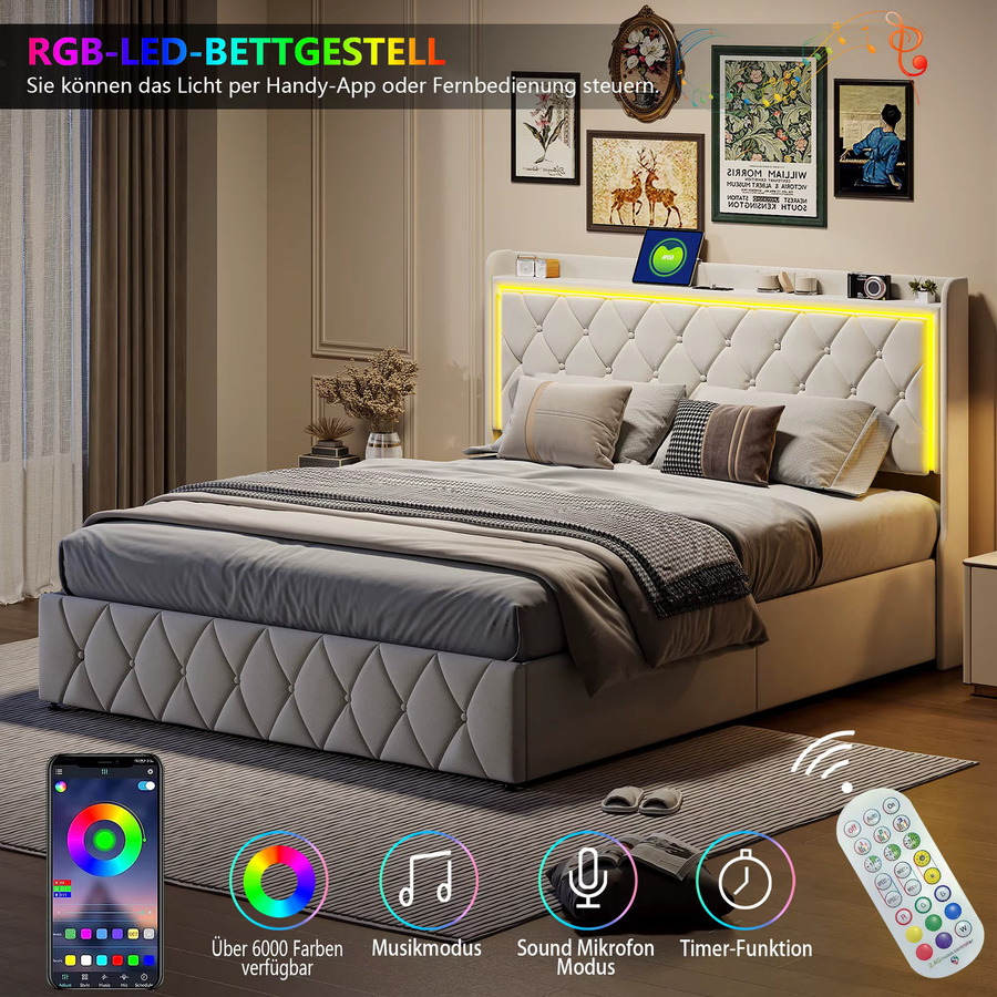 Superaly Gepolstertes Doppelbett aus Samt mit Stauraum, LED-Beleuchtung und USB-Ladefunktion, Beige, B/T: 140 x 200 cm - Bild 3