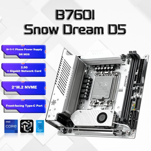 JGINYUE B760i ARGB WIFI DDR5 Mini ITX Mainboard für LGA1700 Prozessoren der 12., 13. und 14. Generation in Weiß mit WiFi6 - Bild 1
